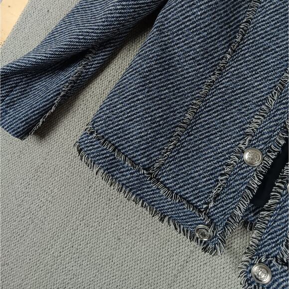 Chicos Open Front Jacket Womens Size 8 Blue Tweed Fringe Military Evening Casual - Picture 4 of 15